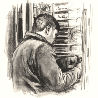 Drawing of a technician configuring servers in an Oslo data center – part of ServeTheWorld’s next-gen VPS platform infrastructure