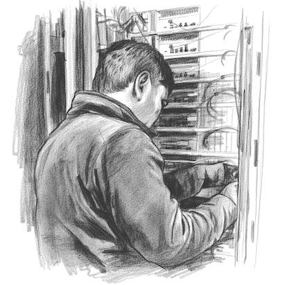 Illustrasjon av en tekniker som setter opp servere i et datasenter i Oslo – en del av infrastrukturen bak ServeTheWorlds neste generasjons VPS-plattform.