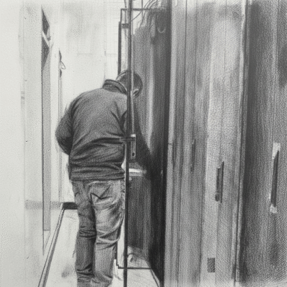 Drawing of a technician configuring servers in an Oslo data center – part of ServeTheWorld’s next-gen Windows WGP3 VPS platform infrastructure