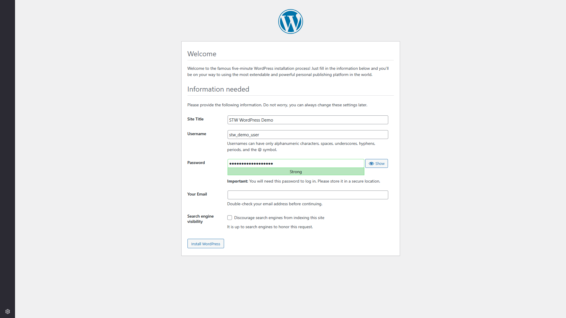 WordPress installer welcome screen with the site title, username, password, and email fields