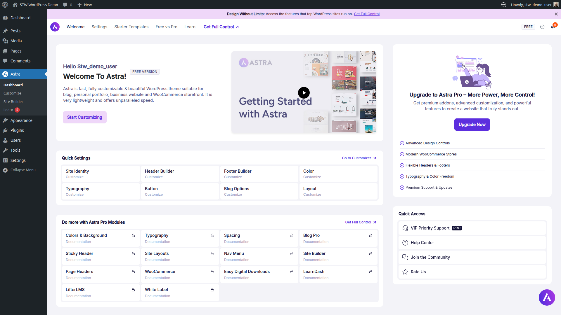 Astra dashboard showing quick access to customization and documentation