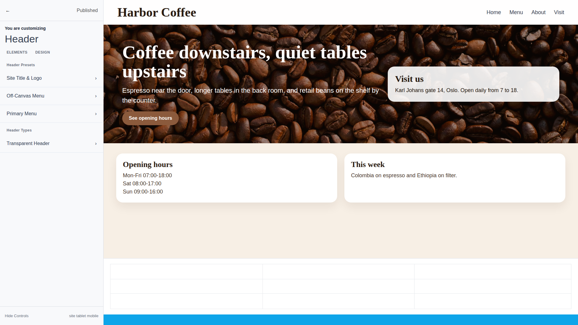Astra Header Builder with the header layout grid and draggable components at the bottom of the screen