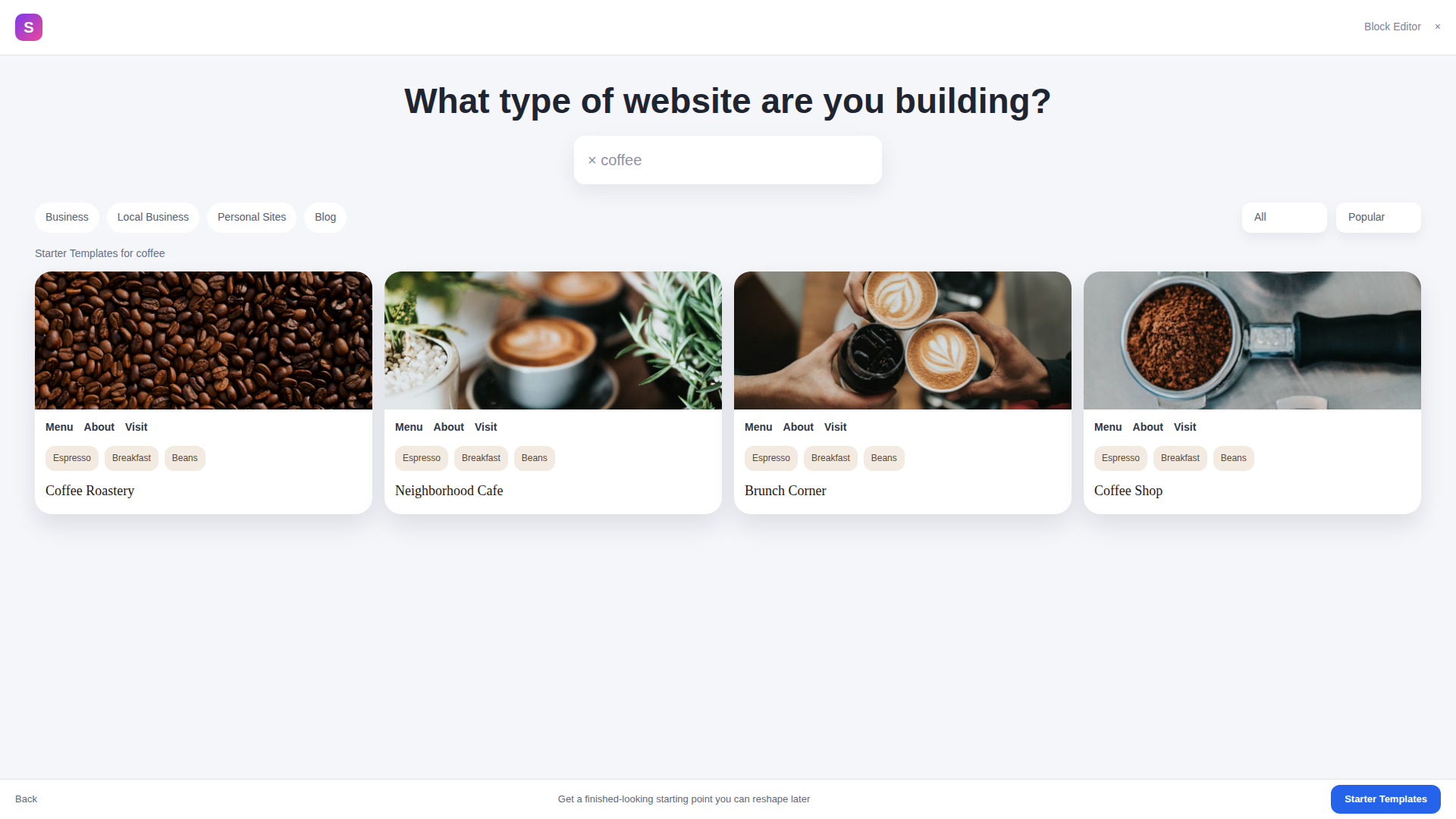 Starter Templates library showing coffee-shop-oriented starter designs you can import with a few clicks