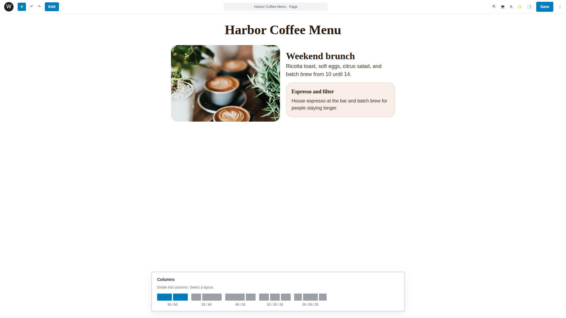 The Columns block variation picker showing options for two-column, three-column, and split layouts
