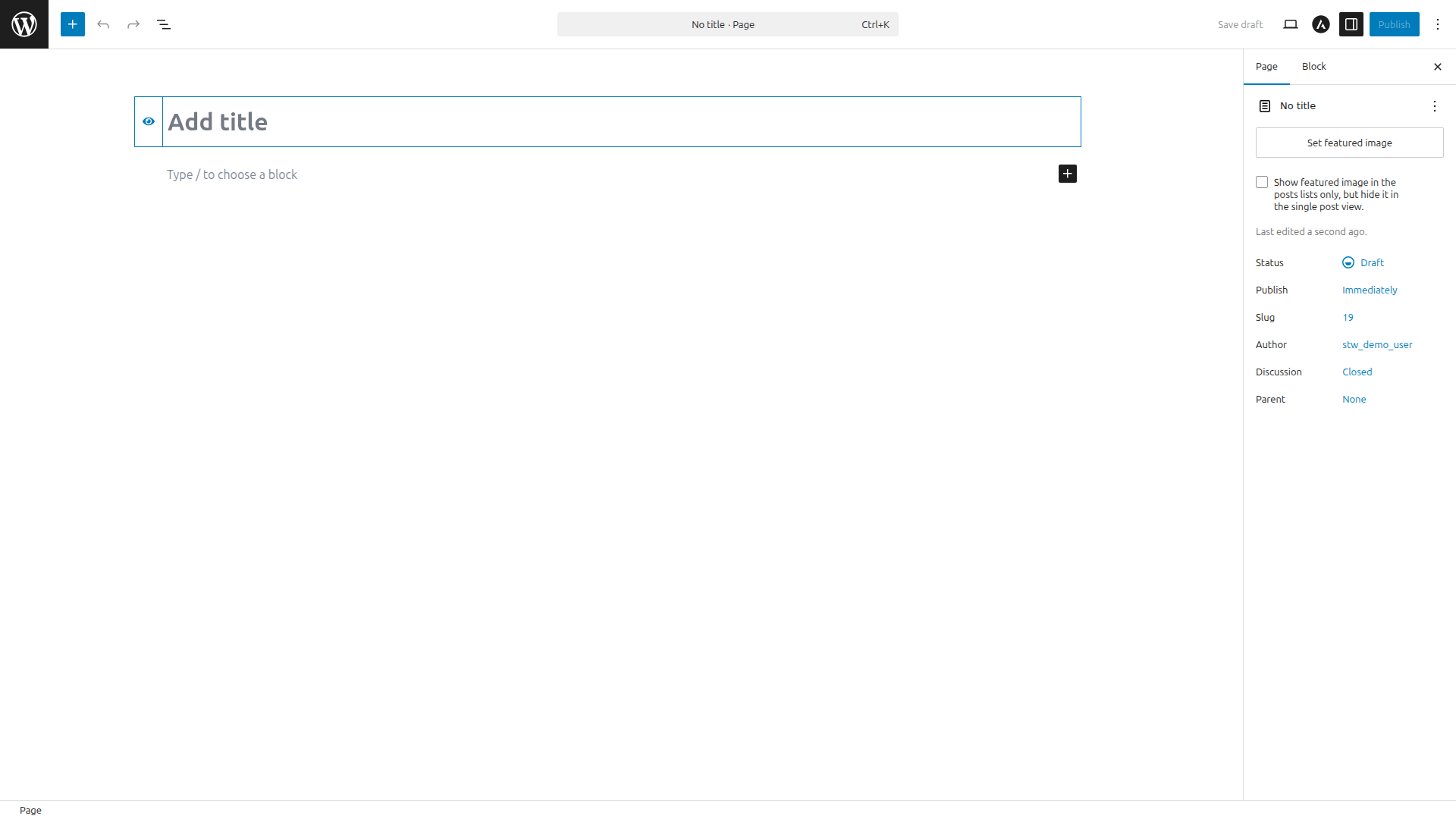 The WordPress block editor with an empty new page, showing the title field and block canvas