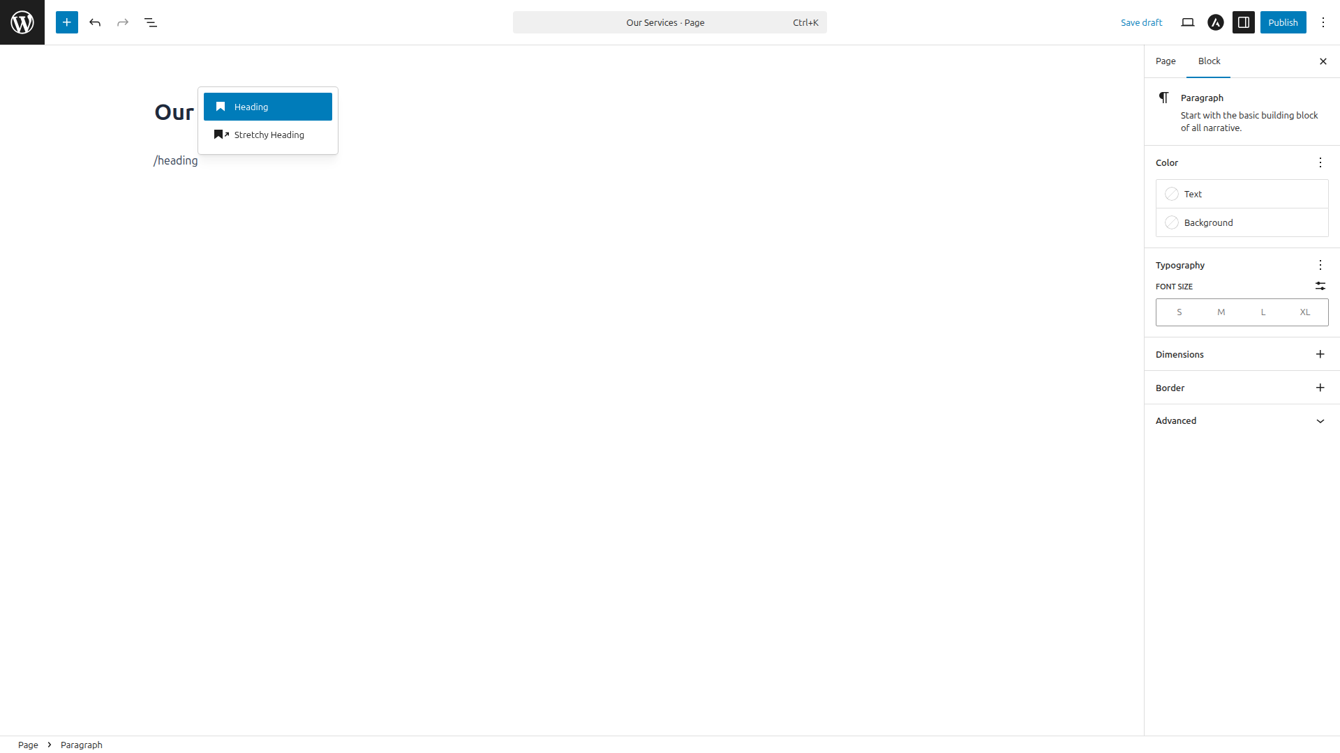 The slash command dropdown showing block options after typing /heading