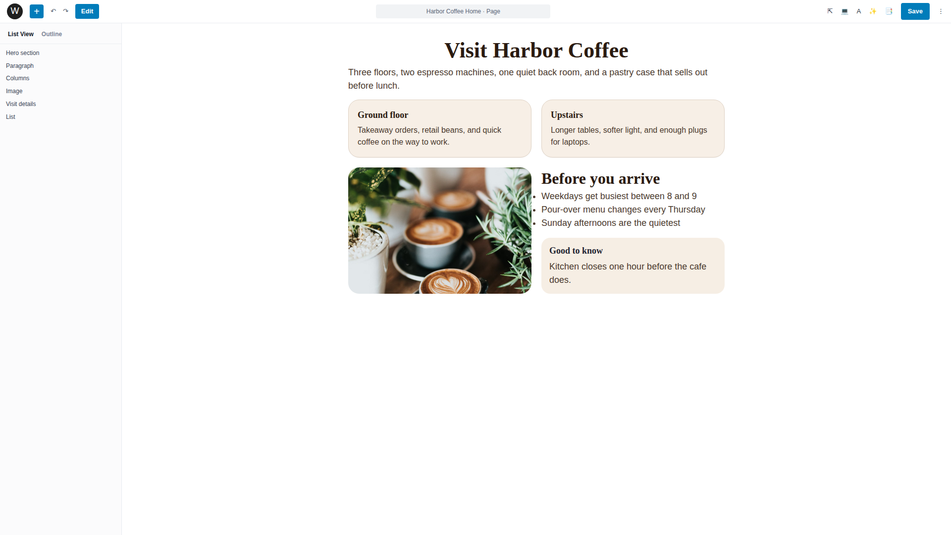 Document Overview panel showing the hierarchical structure of blocks on a coffee shop page