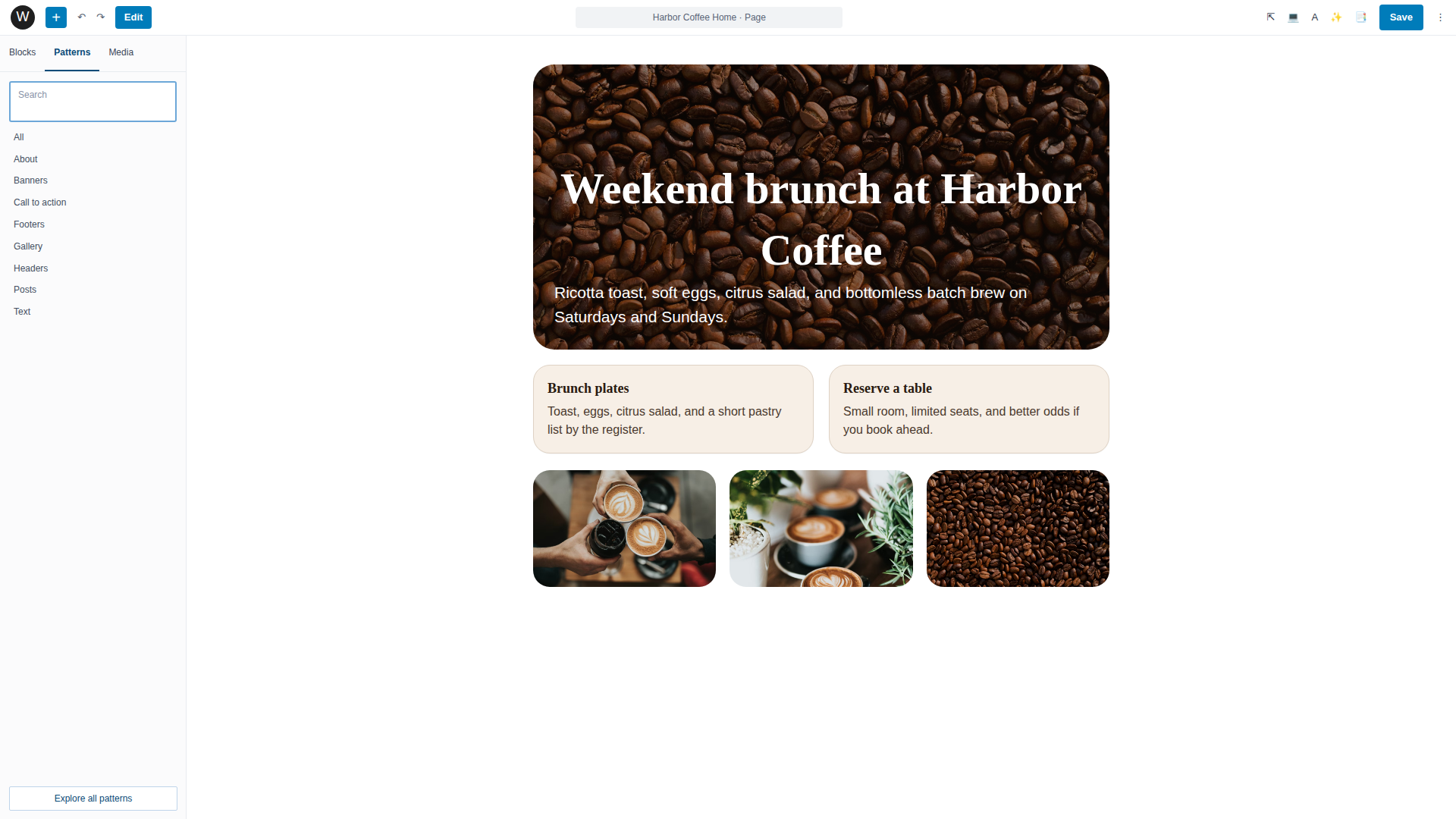 The Patterns tab in the block inserter showing categorized pattern layouts ready to insert beside a coffee shop page example