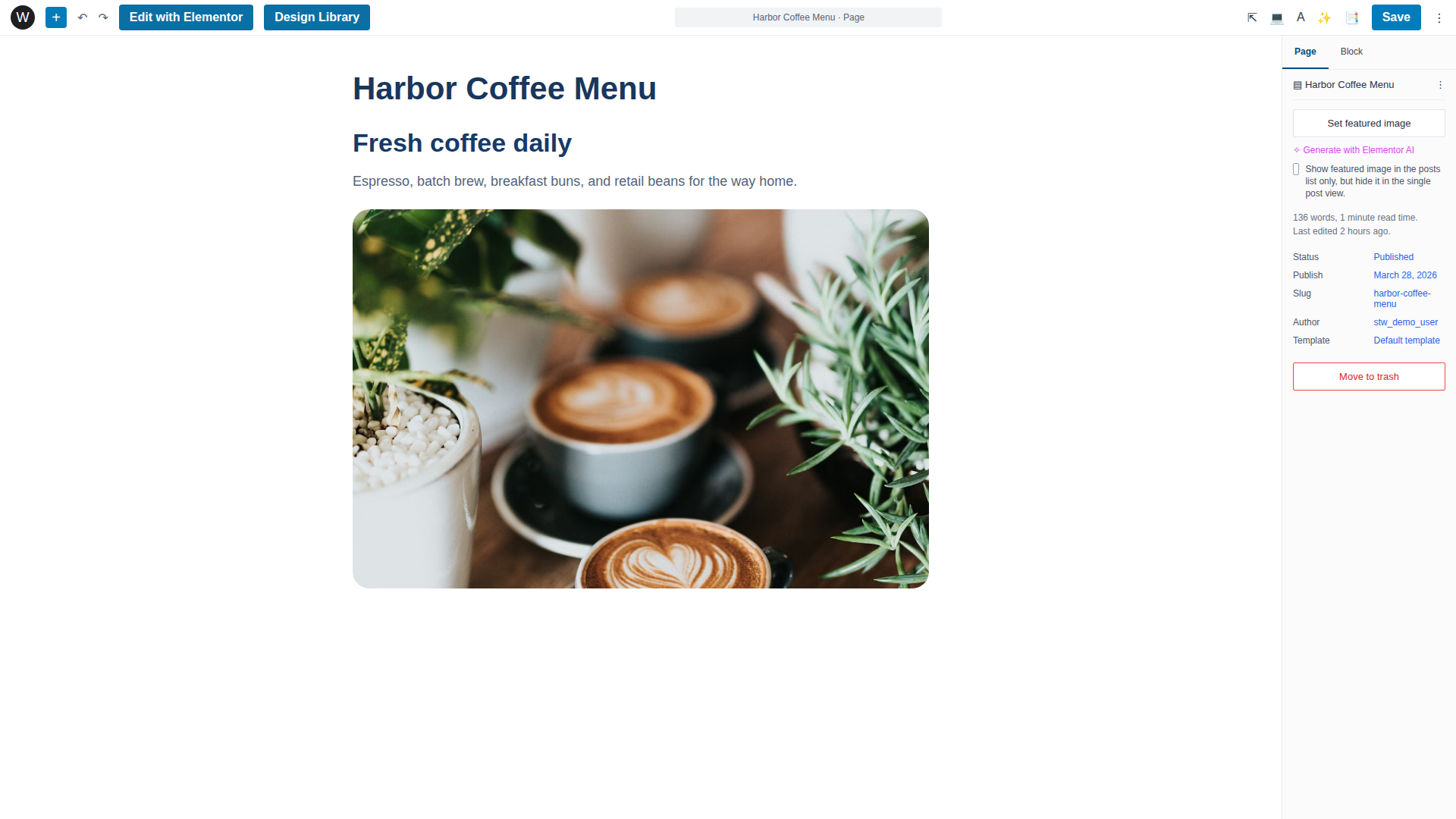 The block editor showing the blue "Edit with Elementor" button in the top toolbar above a coffee shop example page