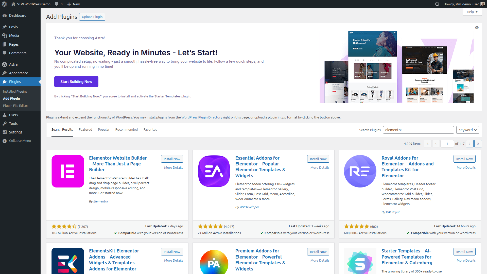 Plugin search results showing Elementor Website Builder as the top result