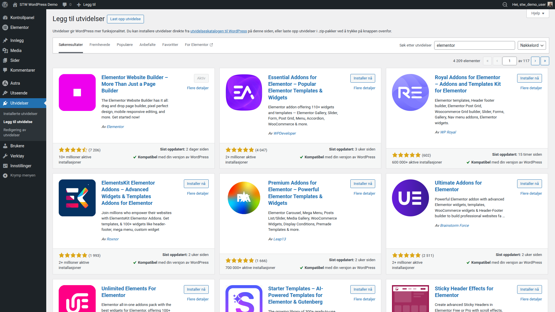 Søkeresultater for utvidelser som viser Elementor Website Builder som det øverste resultatet