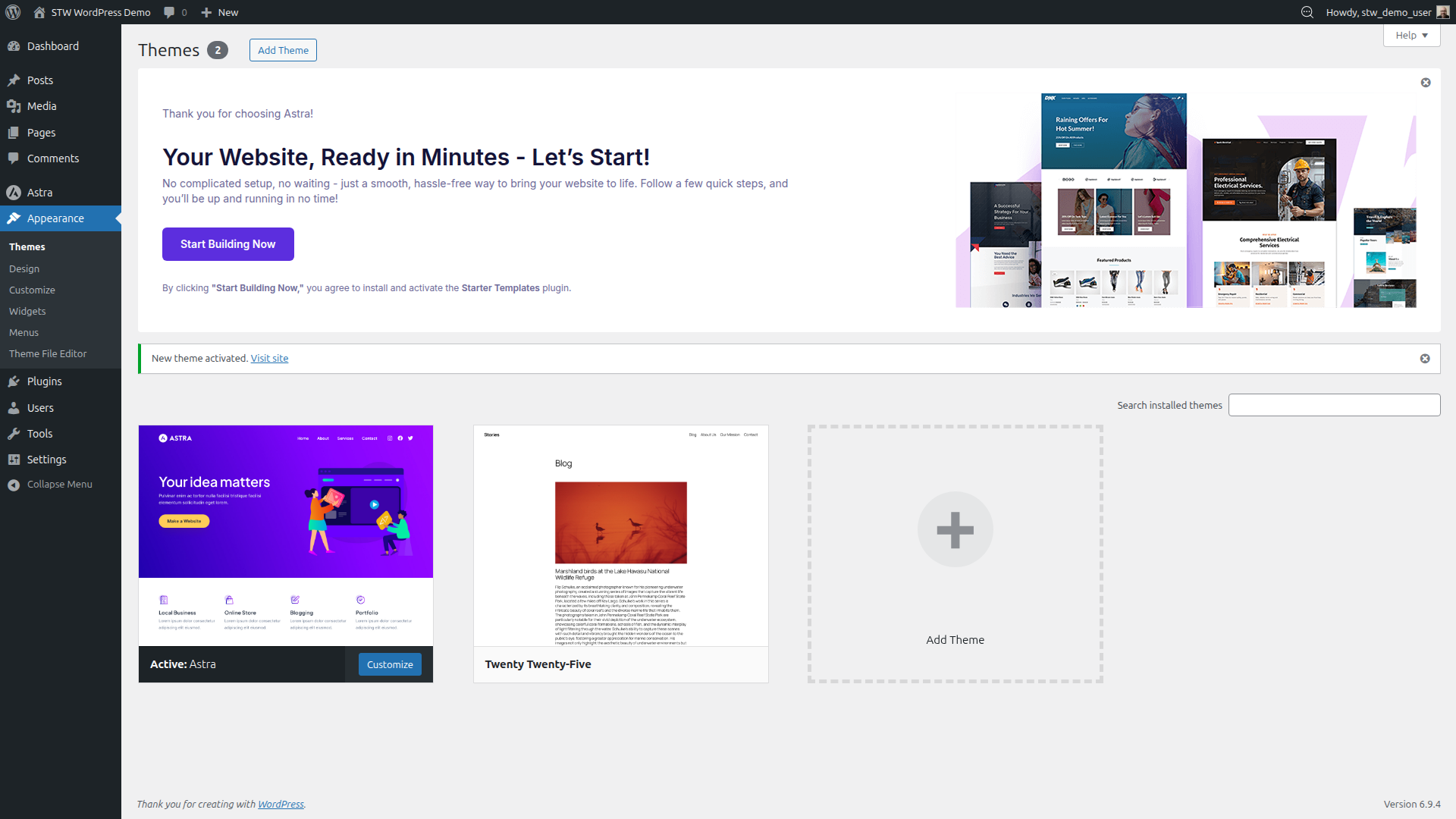 Themes page with Astra shown as the active theme