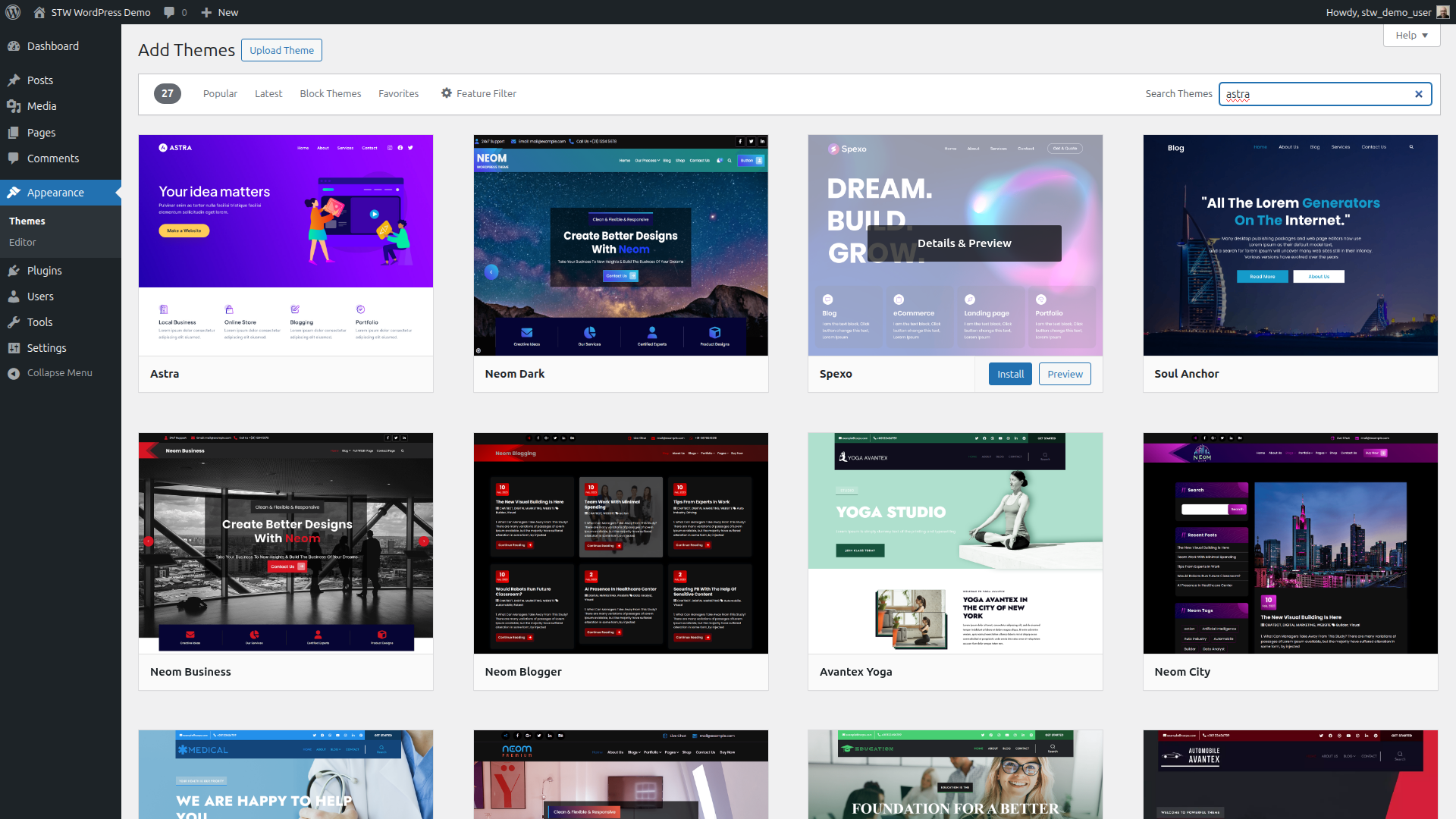 Search results showing Astra in the WordPress theme directory