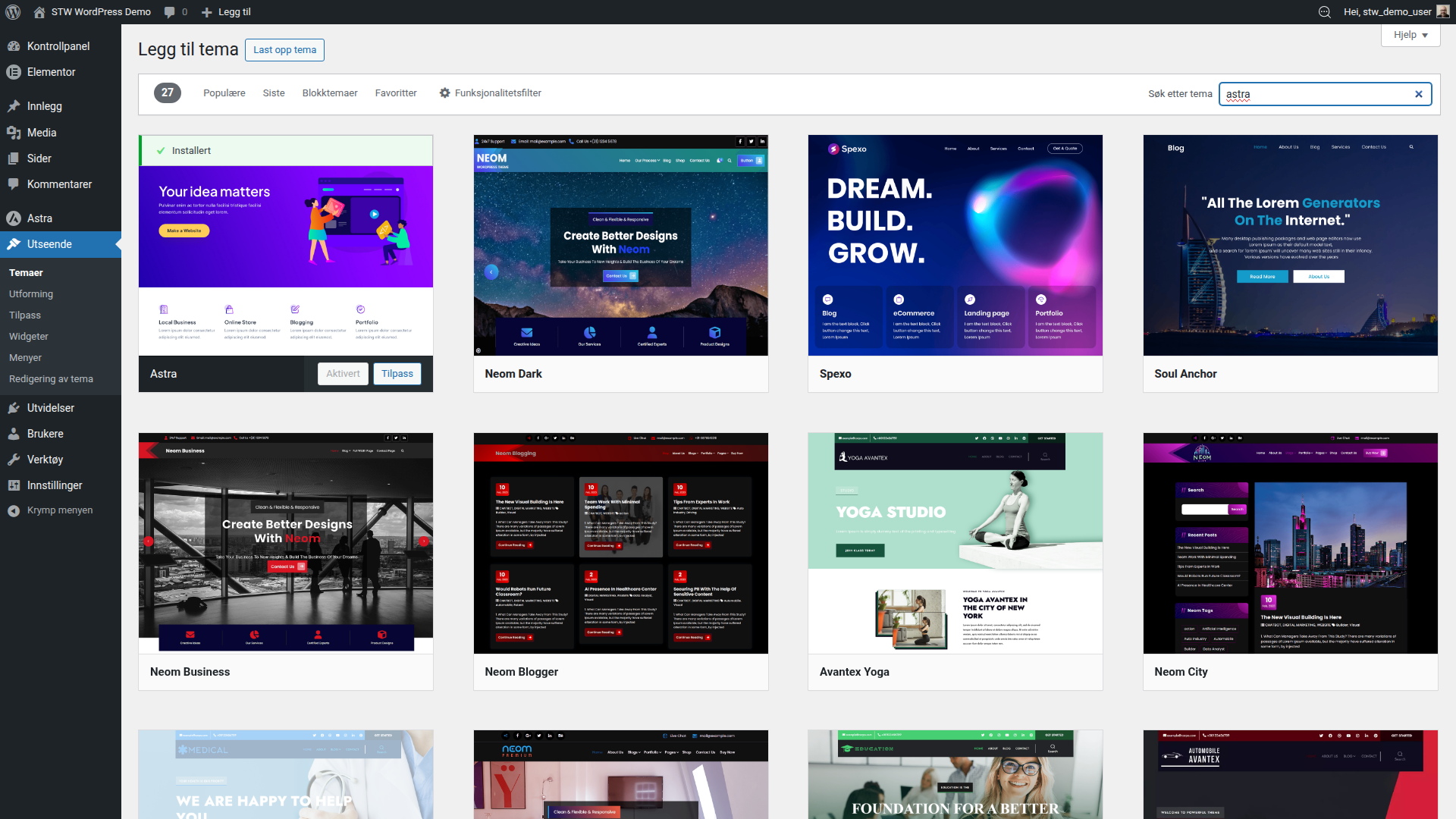 Søkeresultat som viser Astra i temakatalogen i WordPress