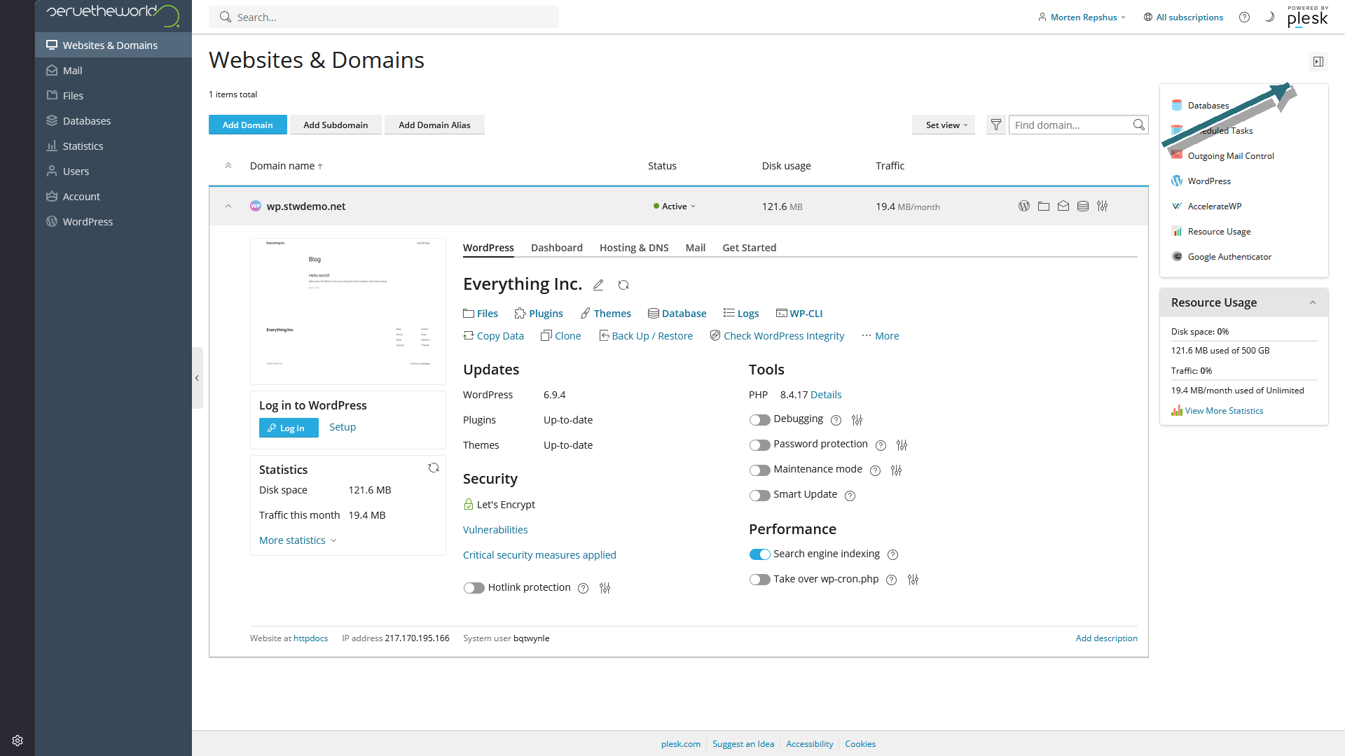 Plesk Websites & Domains page with an arrow pointing to the tiny button that reveals the right-hand tools strip