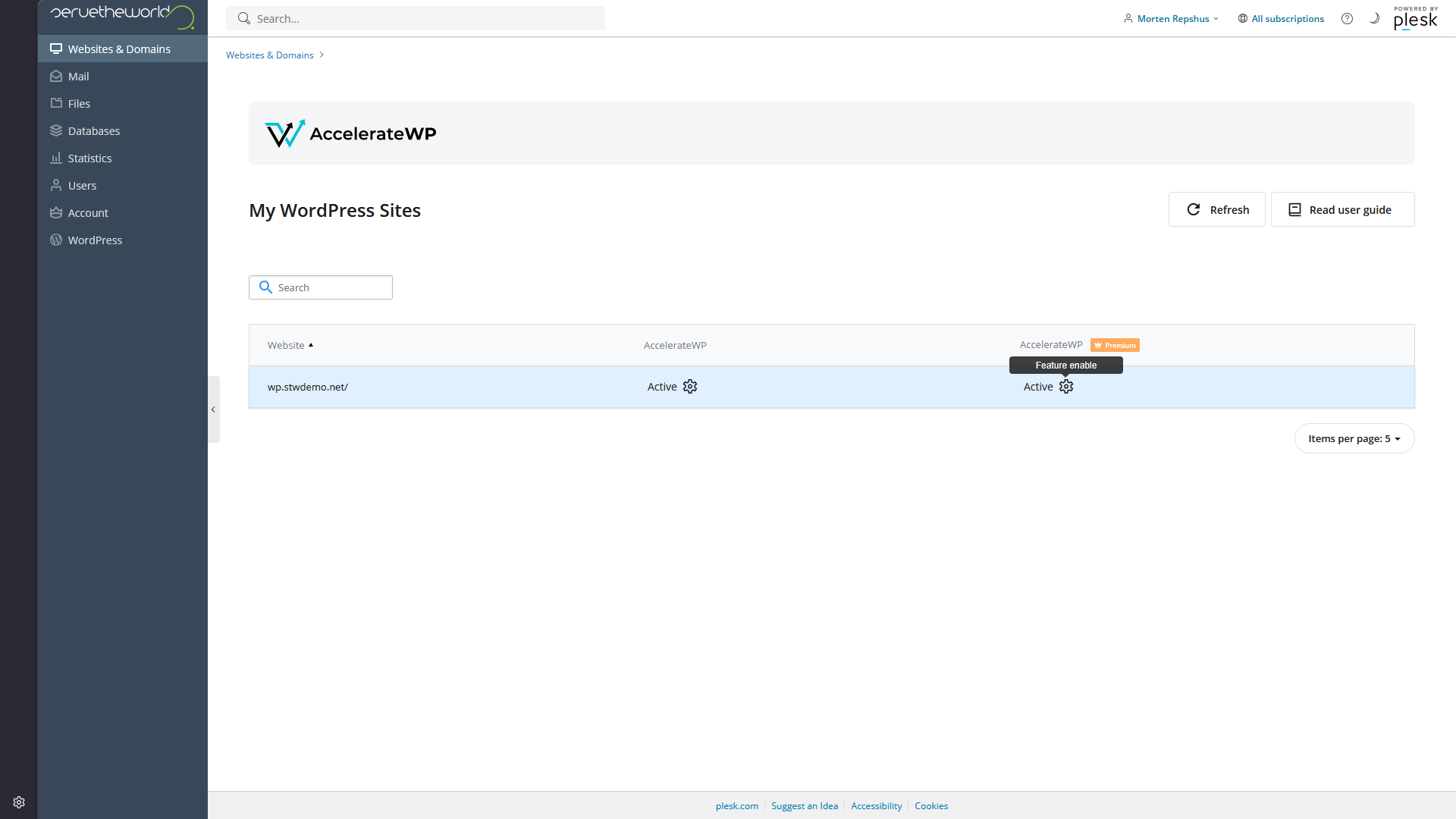 AccelerateWP page showing the standard and premium settings cogs for the site row