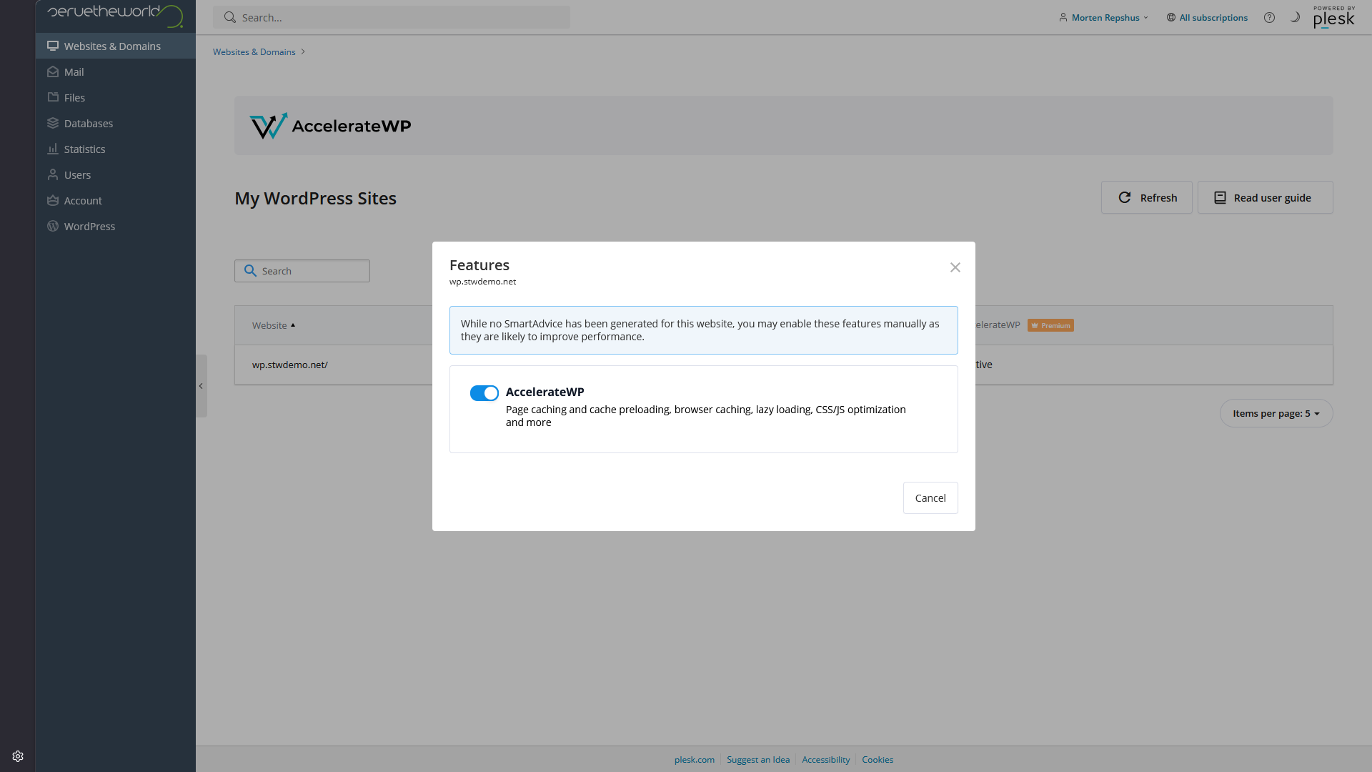 AccelerateWP Features popup with the standard AccelerateWP switch turned on