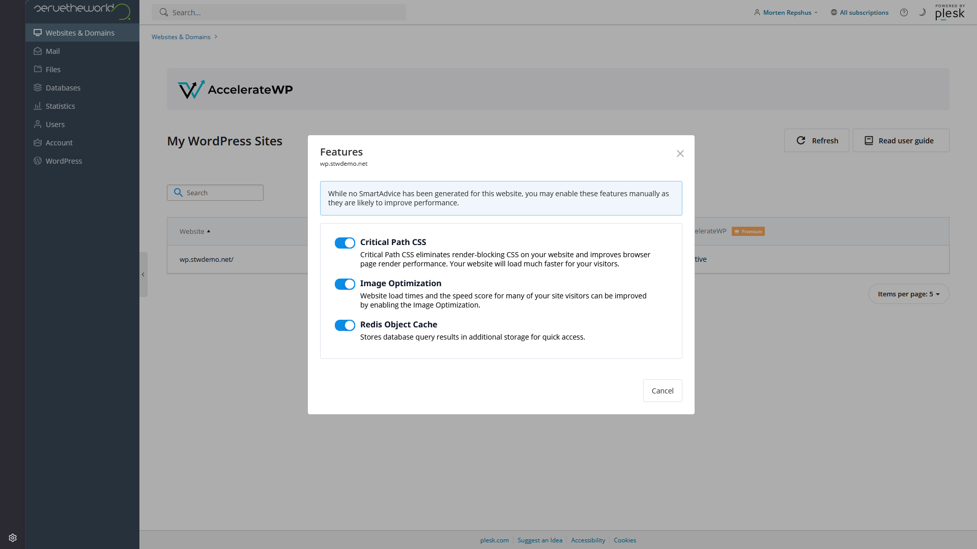 AccelerateWP Premium Features popup showing Critical Path CSS, Image Optimization, and Redis Object Cache