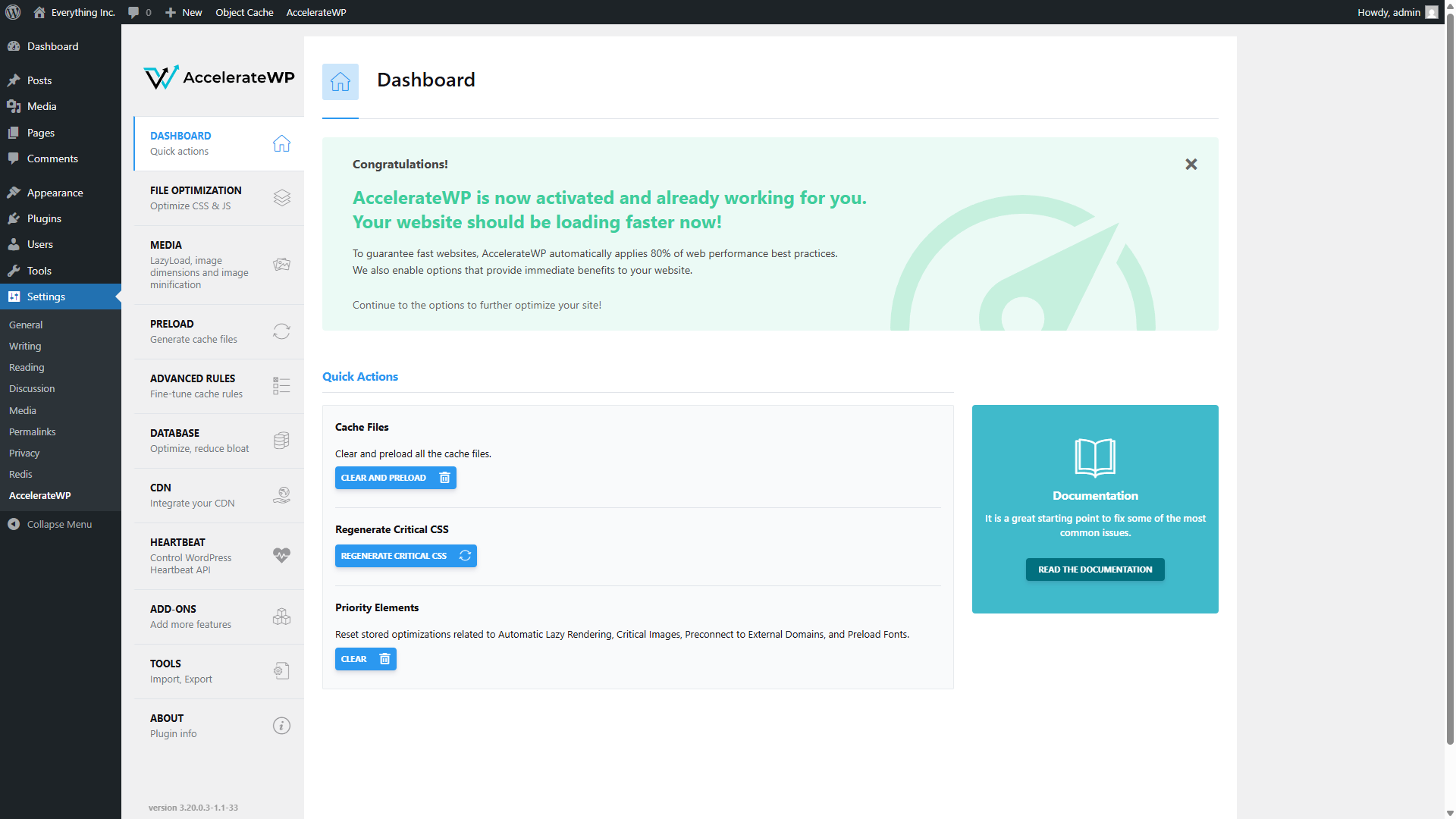 AccelerateWP dashboard showing the congratulations banner and quick actions