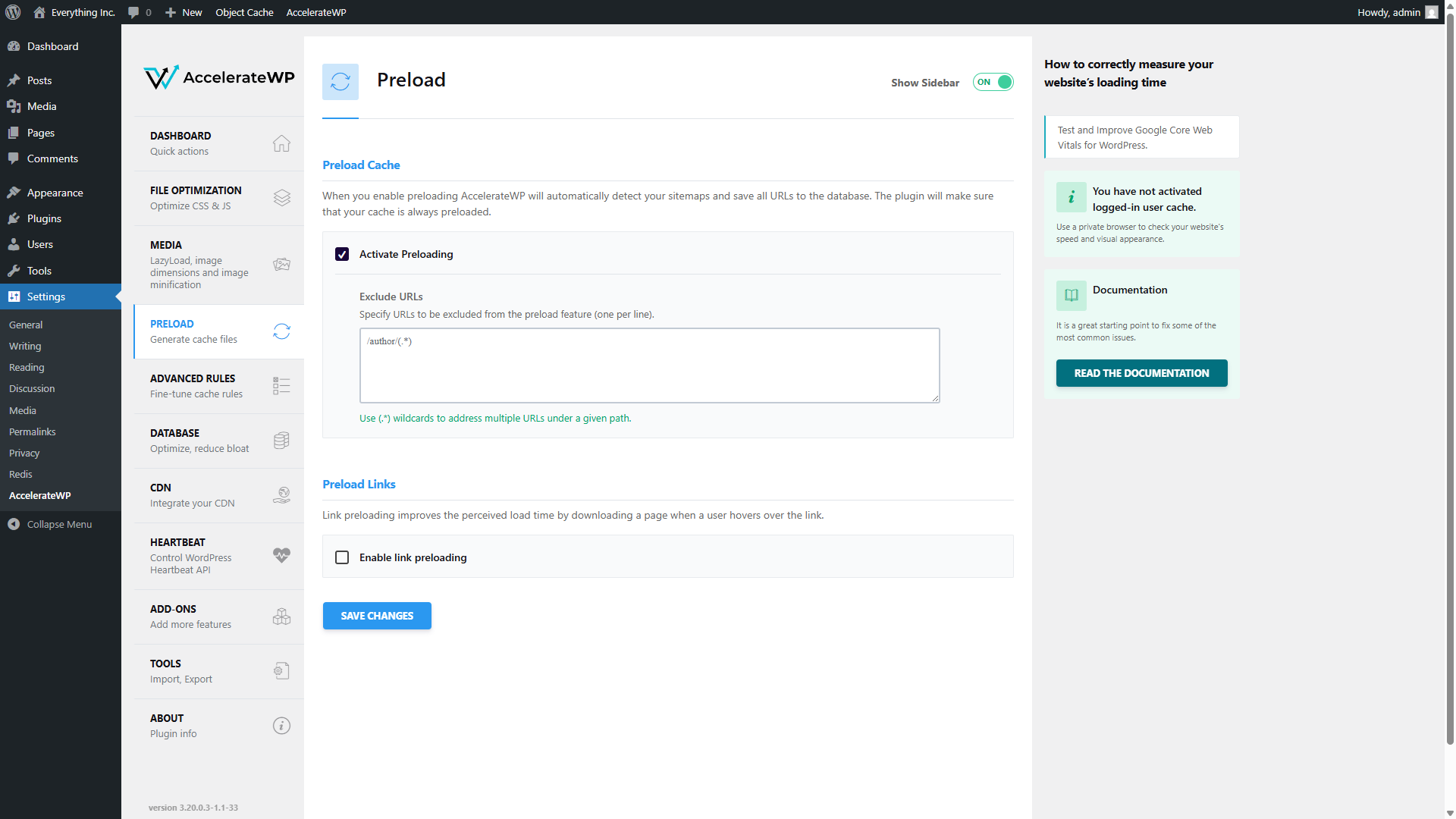 AccelerateWP Preload settings with Activate Preloading checked