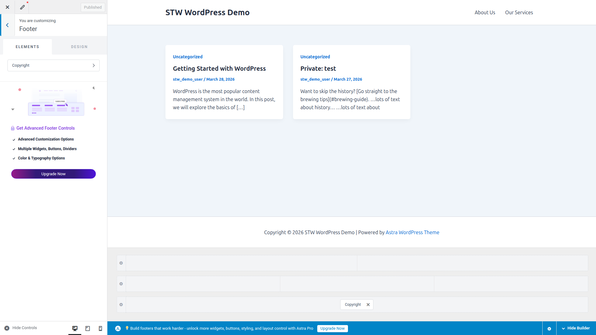 Astra Footer Builder showing the layout controls for the site's footer content
