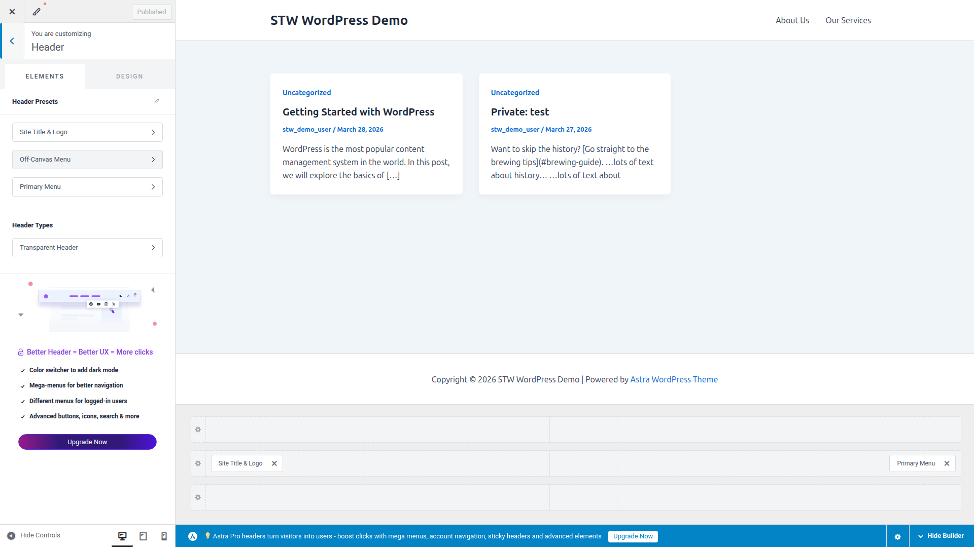 Astra Header Builder showing the layout controls for the site logo and main menu