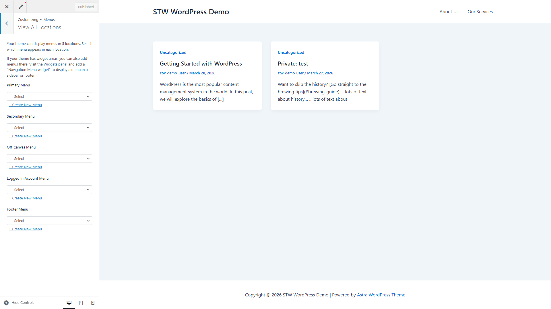 Astra Customizer showing the separate menu locations for the primary menu, off-canvas menu, and footer menu