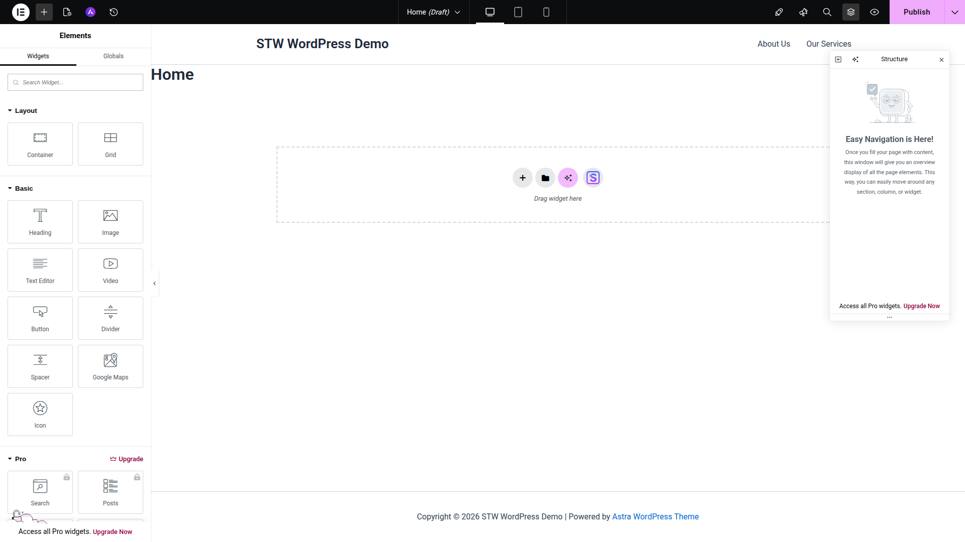 The Elementor editor interface showing the top bar, widget panel, and live page canvas