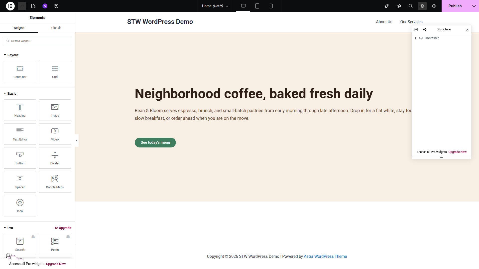 Elementor editor showing a completed cafe homepage hero section with a heading, paragraph, and call-to-action button