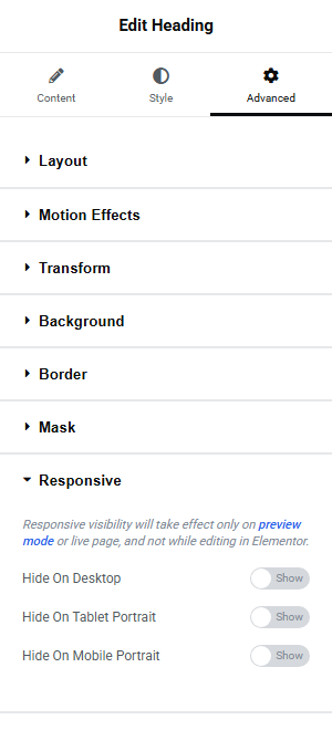 Elementor Advanced tab showing the Responsive section with the hide-on-mobile toggle for a decorative element