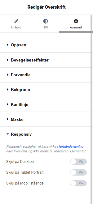 Fanen "Avansert" i Elementor viser seksjonen "Responsiv" med bryteren "Skjul på mobil" for et dekorativt element