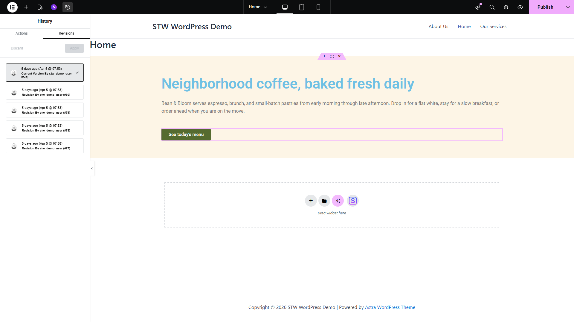 The Elementor History panel showing the Revisions tab with timestamped saved versions of the page