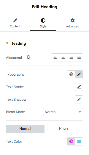 Elementor Style tab showing a heading field with responsive controls available in the mobile editing view