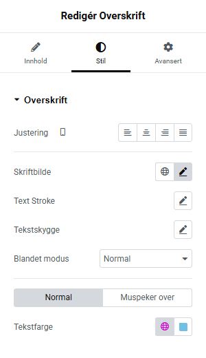 Fanen «Stil» i Elementor viser et overskriftsfelt med responsive kontroller som er tilgjengelige i mobilredigeringsvisningen