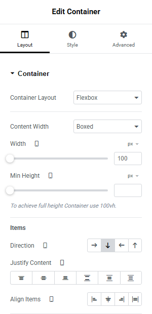 Elementor Layout tab showing the container direction control being changed from Row to Column on the mobile breakpoint
