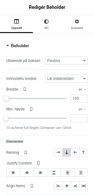Fanen "Oppsett" i Elementor viser at retningsinnstillingen for beholderen endres fra "Rad" til "Kolonne" for mobil