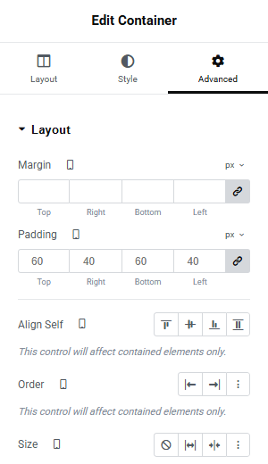 Elementor Advanced tab showing the padding controls with mobile-specific values being adjusted on a section container