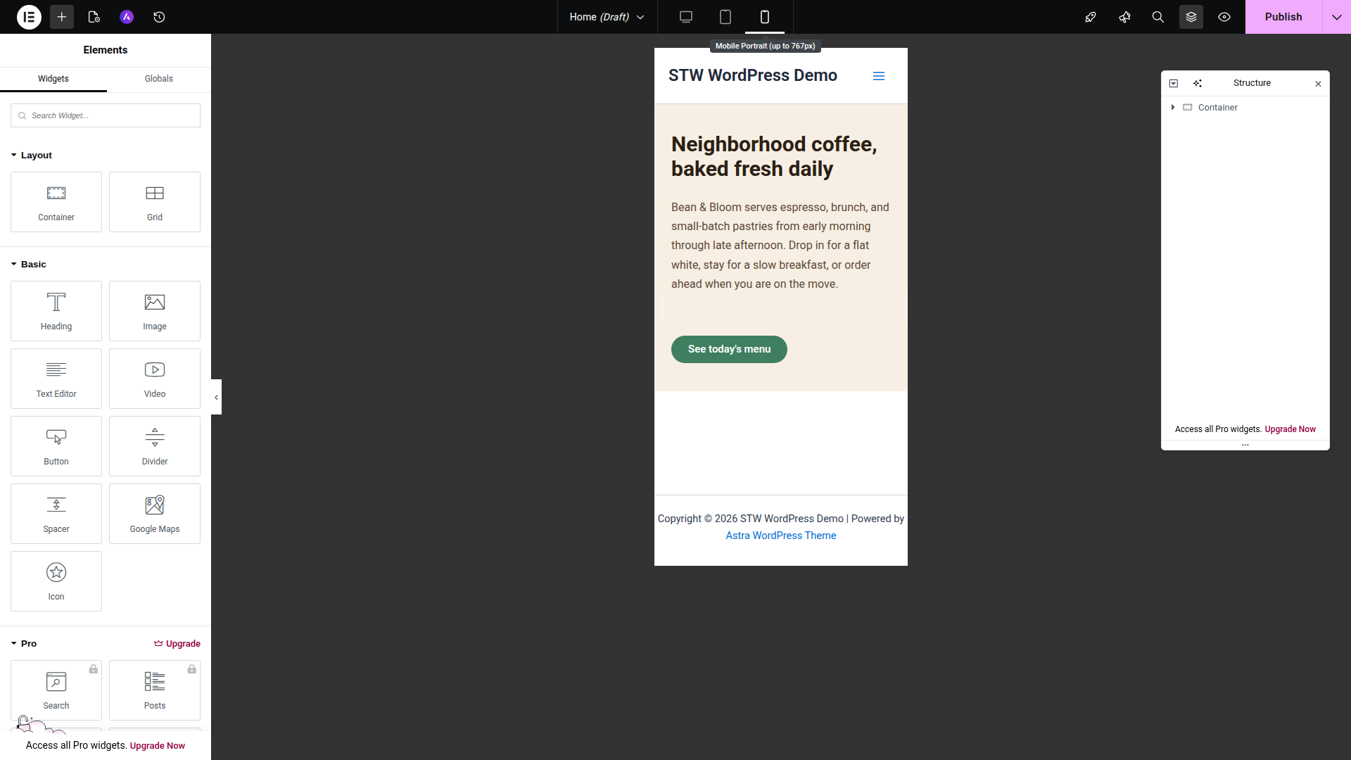 Elementor mobile preview showing the cafe hero section in phone view with the menu toggle and footer still visible
