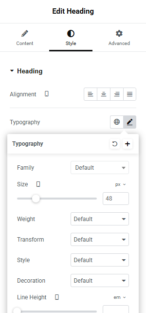 Elementor Style tab showing the Typography section with a mobile-specific font size being set for a heading