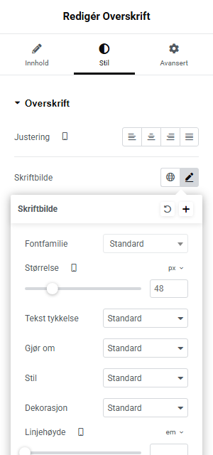 Fanen "Stil" i Elementor viser seksjonen "Skriftbilde", der det er angitt en mobilspesifikk skriftstørrelse for en overskrift