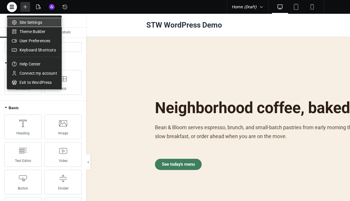 Elementor editor with the main menu open and Site Settings visible as the way to reach global colors and fonts