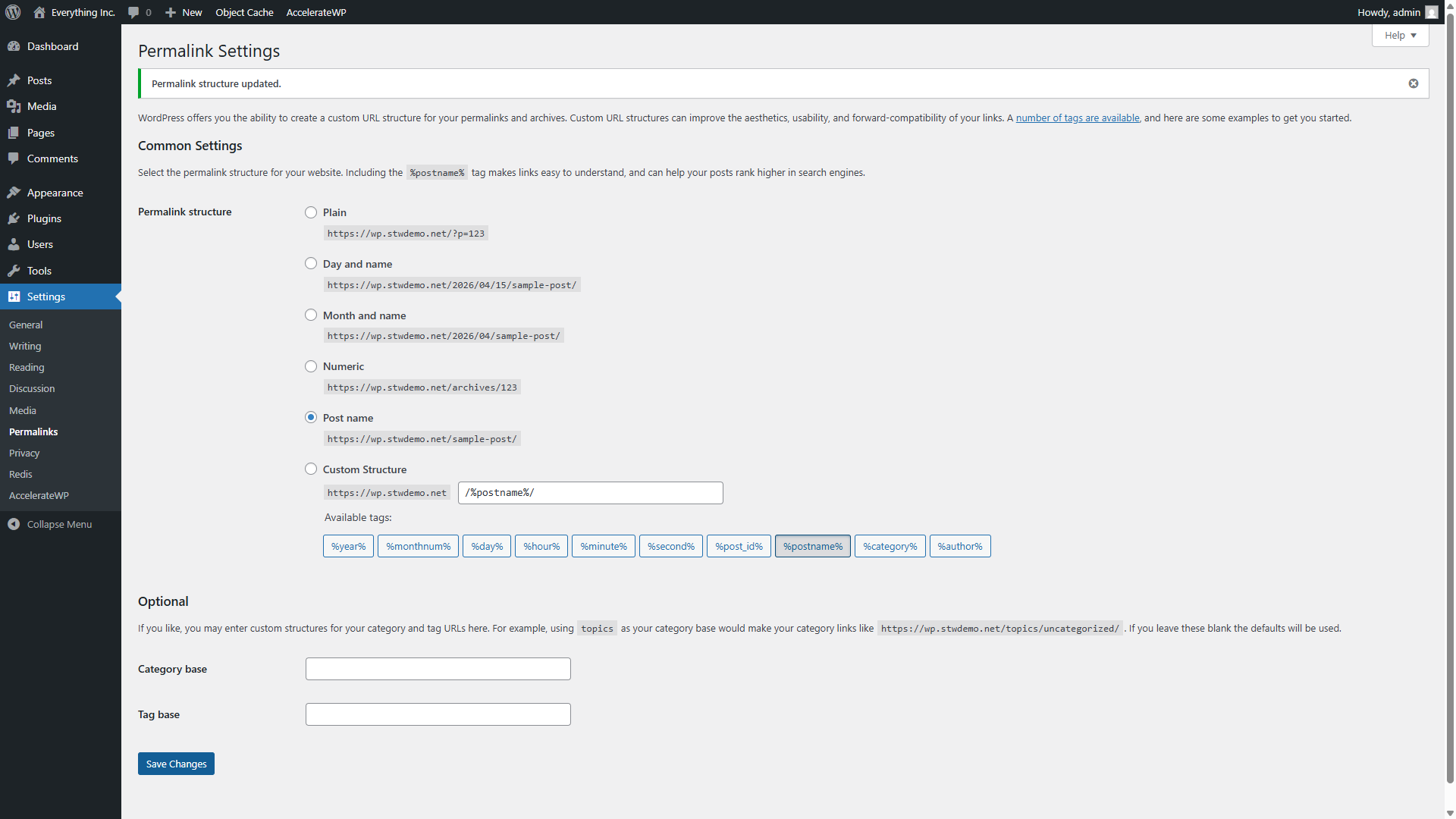 Permalink settings page with Post name selected