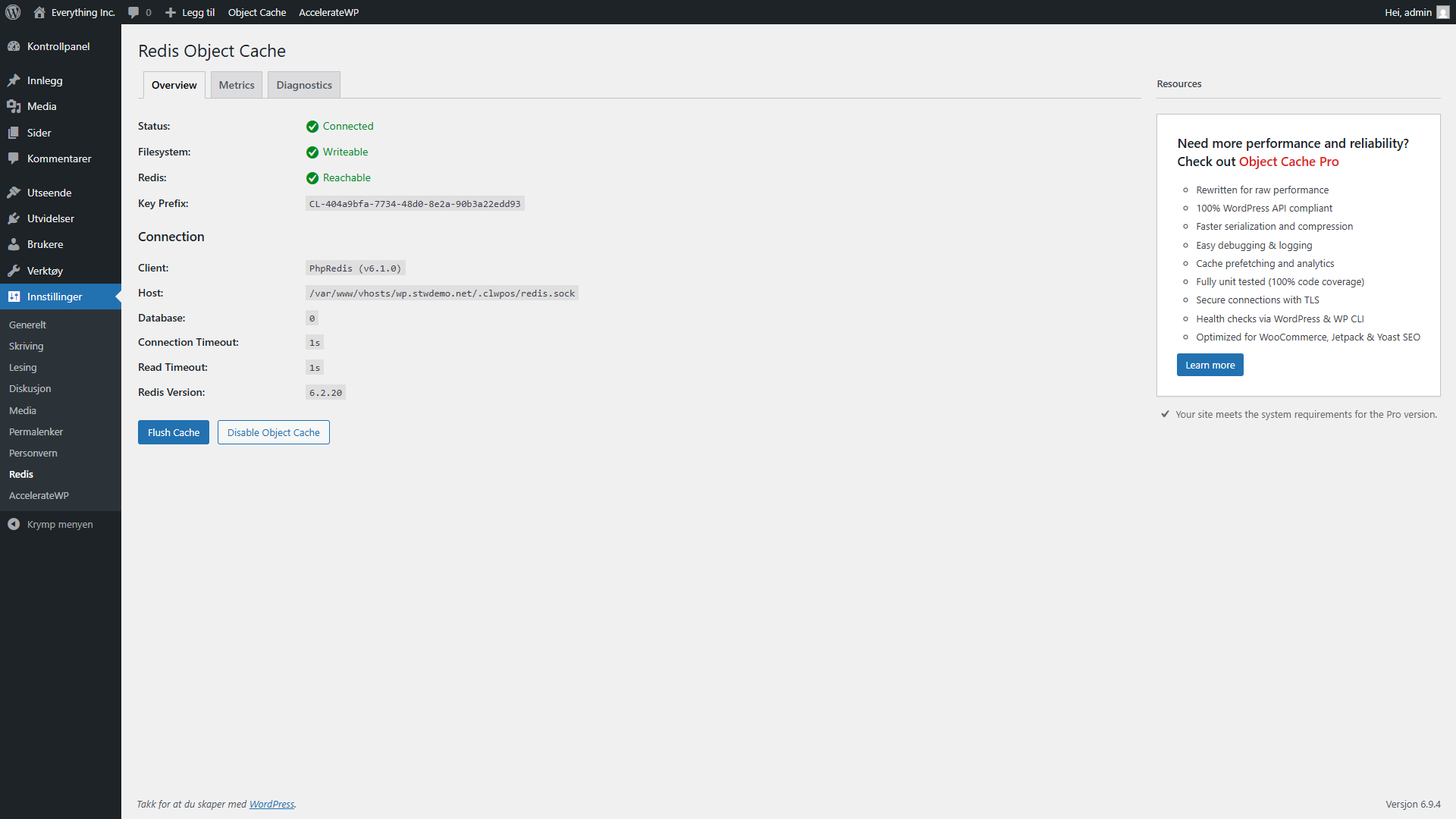 Oversiktsside for Redis Object Cache som viser tilkoblingsstatus og tilkoblingsdetaljer