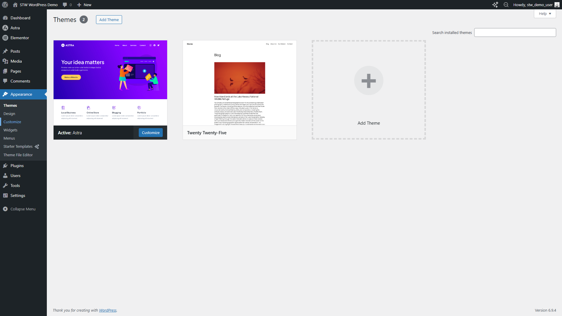 WordPress admin showing the Appearance menu and the Customize button for the active Astra theme