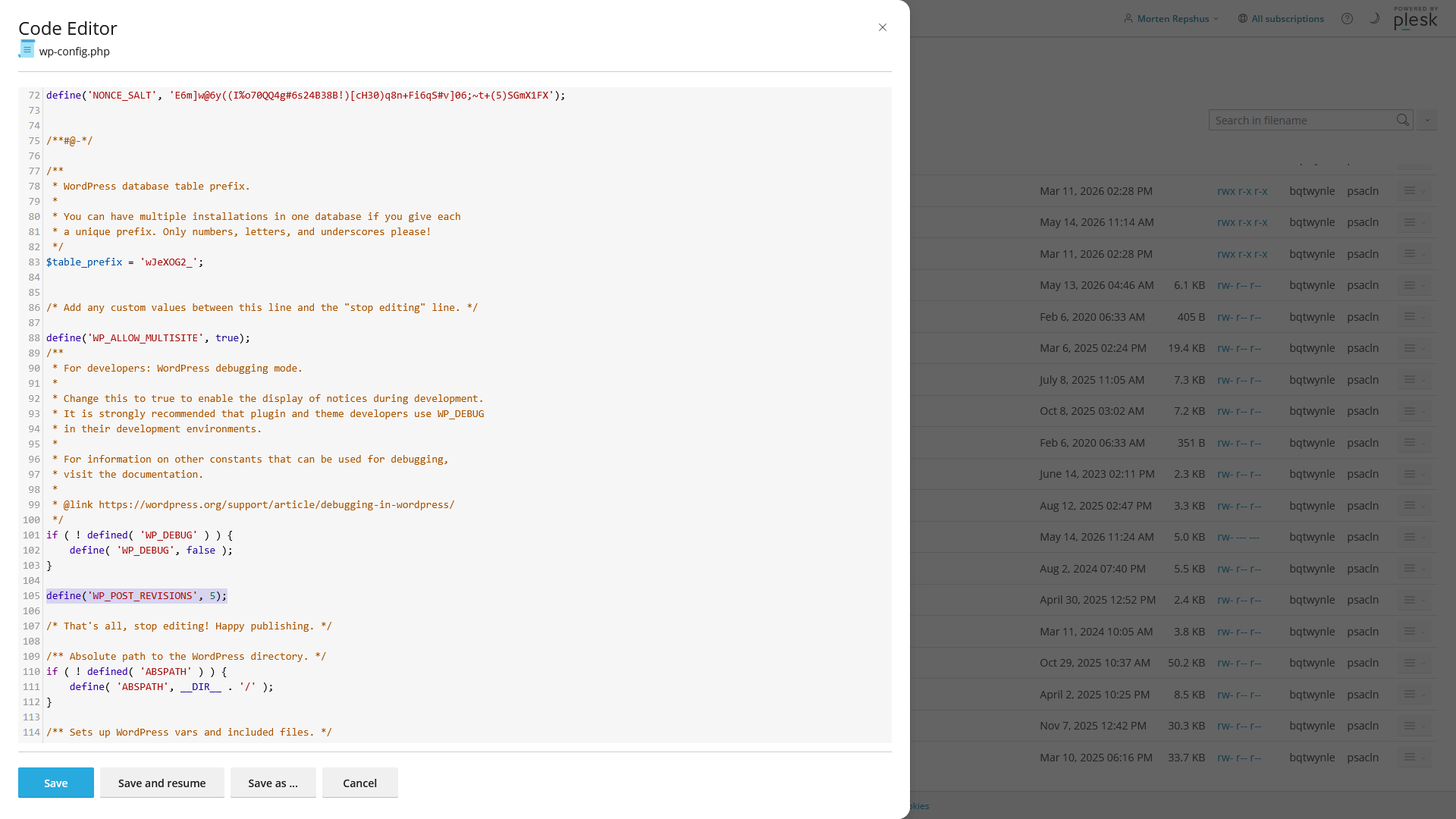Redigering av wp-config i Plesk-filbehandleren