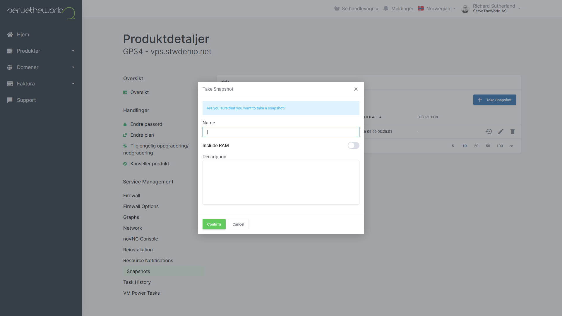Snapshot-dialogboks i STW for å gi et nytt VPS-snapshot navn før en Ubuntu-oppgradering