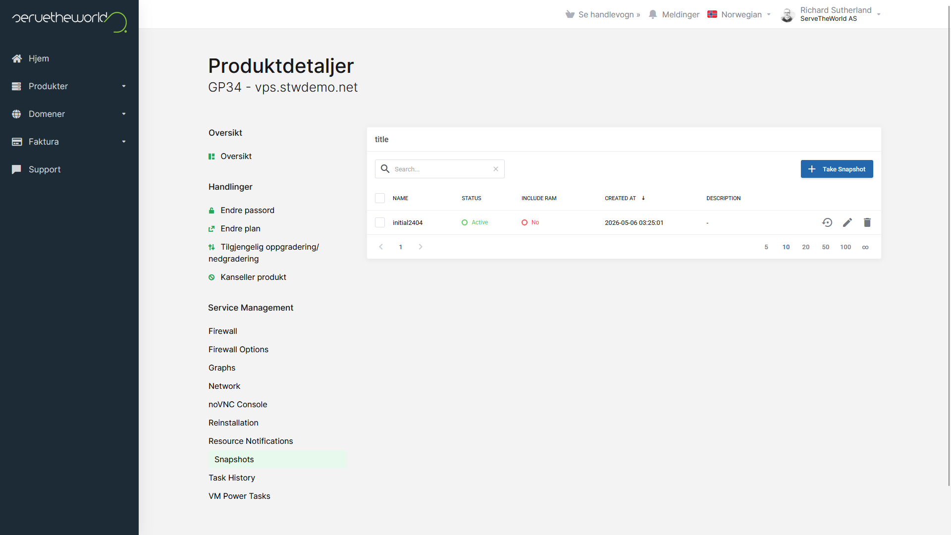 STW GP3-siden for snapshots, som viser knappen "Take snapshot" og listen over eksisterende snapshots