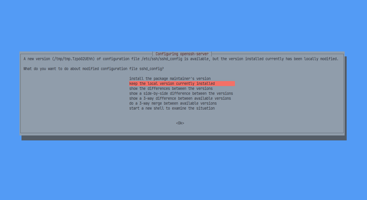 En dialogboks i OpenSSH som viser alternativer for hva man skal gjøre med en endret fil