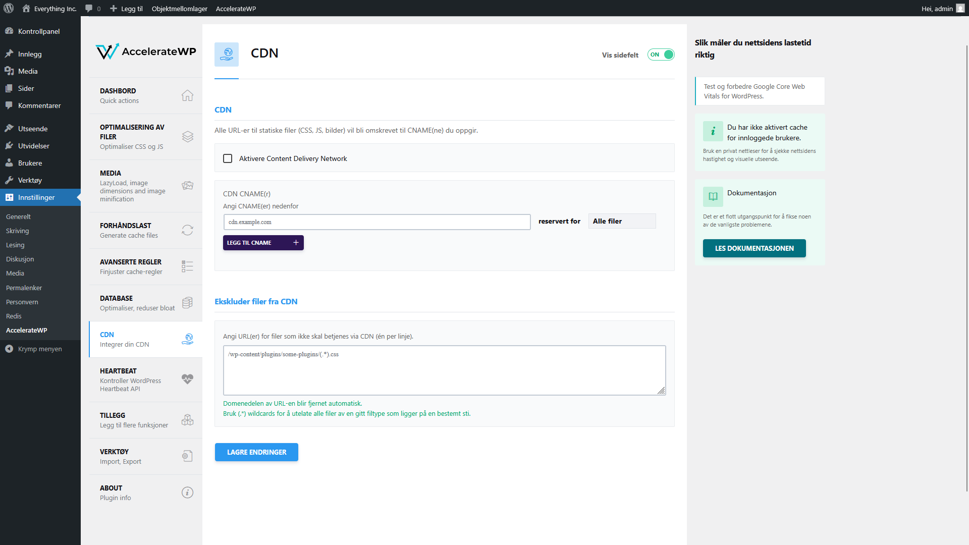 Innstillingssiden for AccelerateWP CDN viser avkryssingsboksen "Aktivere Content Delivery Network" og feltene for CNAME-konfigurasjon