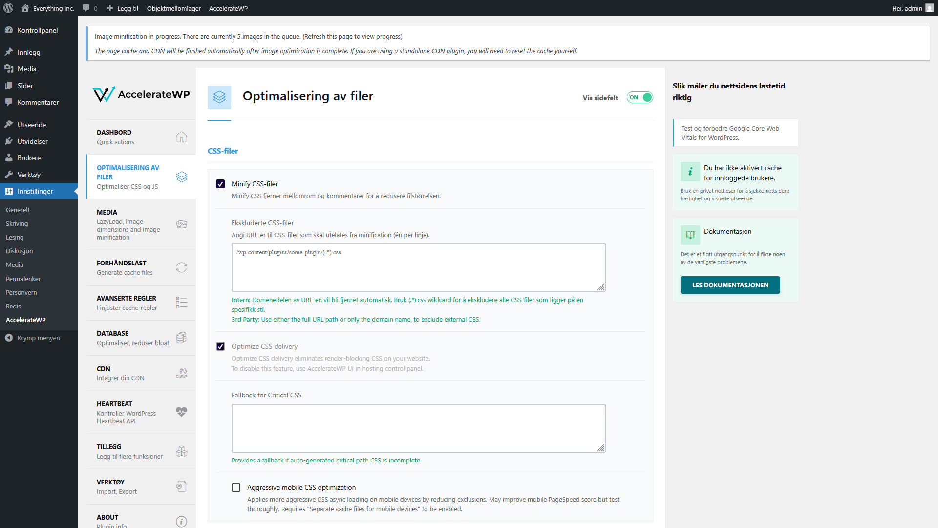 AccelerateWP-siden for filoptimalisering viser innstillingene for CSS-filer, der "Minify CSS-filer" og "Optimize CSS delivery" er aktivert